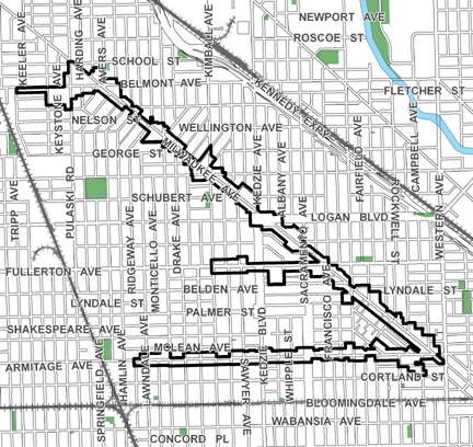 Fullerton/Milwaukee TIF district, roughly bounded on the north by School Street, Armitage Avenue on the south, Western Avenue on the east, and Tripp Avenue on the west.